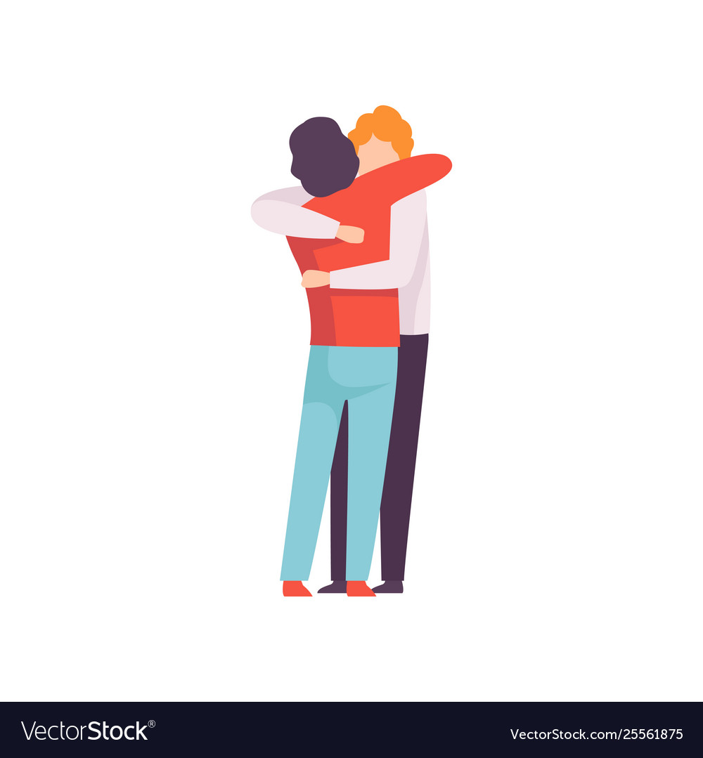 Young Men Embracing Each Other, Happy Meeting, People Celebrating Event, Best Friends, Friendship Concept Vector Illustration on White Background.